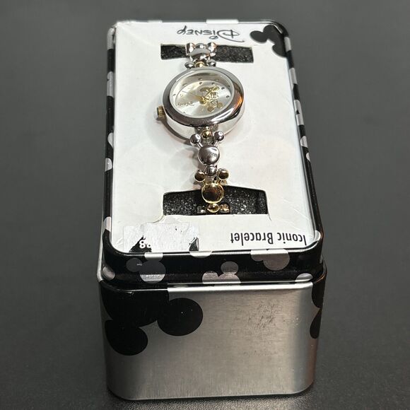 Disney Iconic Bracelet Watch Silver Gold Mickey Mouse Berger Co Metal Box READ - Picture 5 of 10